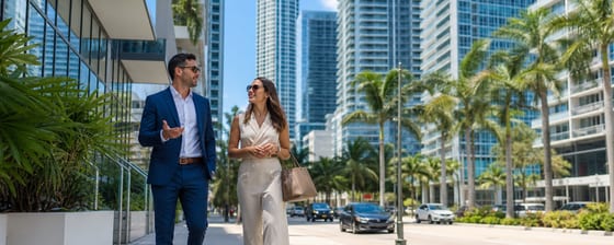People walking past modern Miami condominium buildings during a rental tour