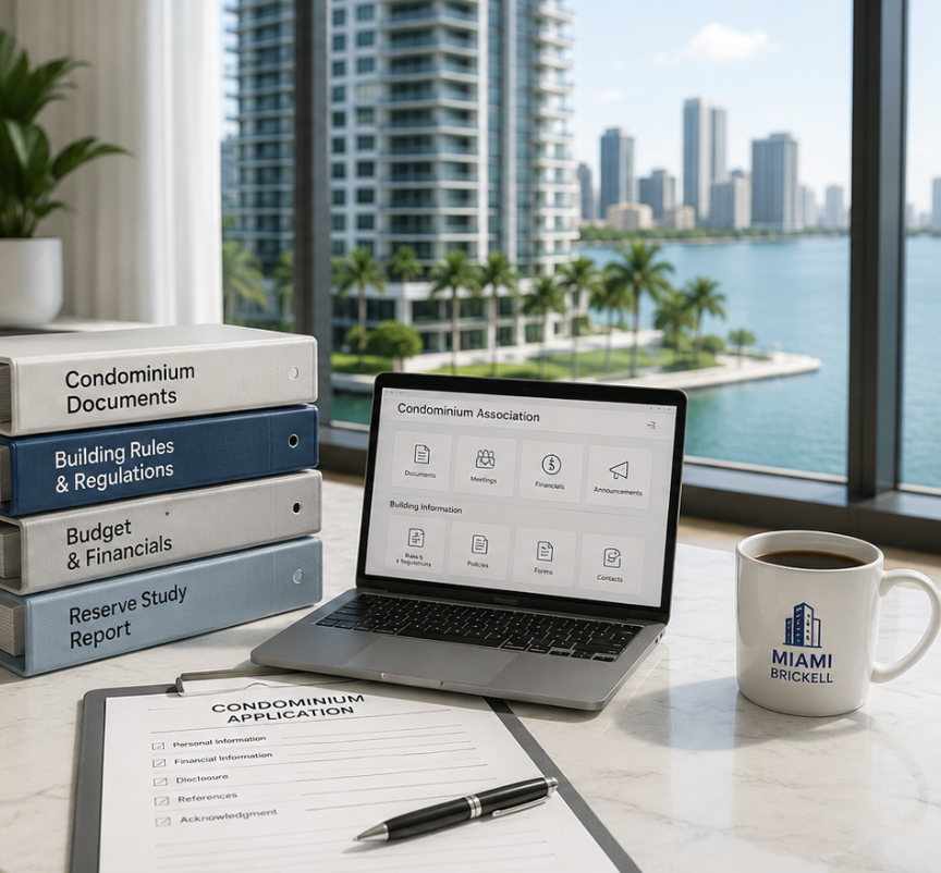 Condominium association documents and lease paperwork with a Miami skyline view
